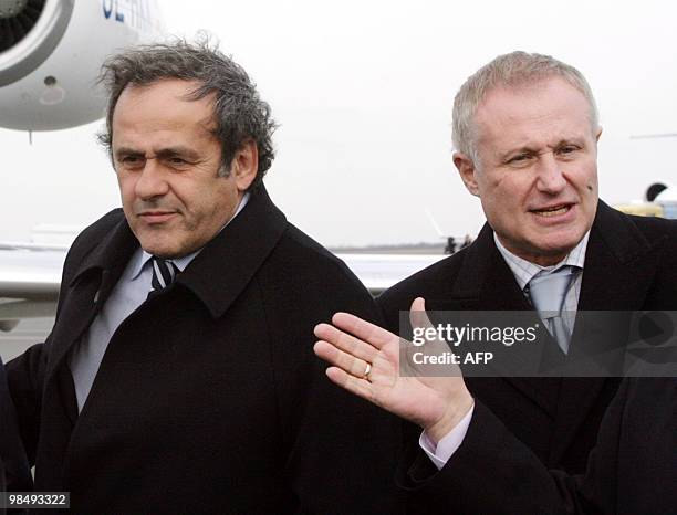 President French Michel Platini and Ukrainian Football Federation President Grigory Surkis inspect Donetsk airport on April 7, 2010. Platini will be...