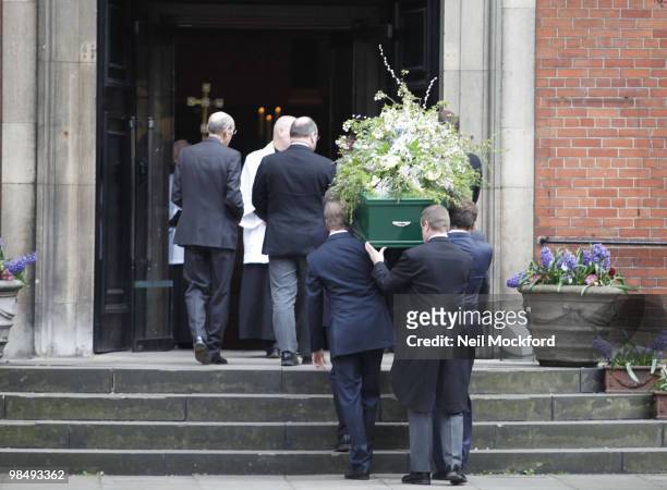 The coffin of Christopher Cazenove is seen at The Actors Church, Covent Garden on April 16, 2010 in London, England.