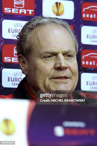 Standard de Liege's head coach Dominique D'Onofrio speaks during a press conference ahead of the return leg of the quarter final Europa League game...