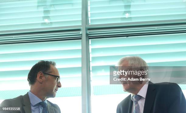 Interior Minister Horst Seehofer speaks to Foreign Minister Heiko Maas as they arrive for the weekly German federal Cabinet meeting on June 27, 2018...