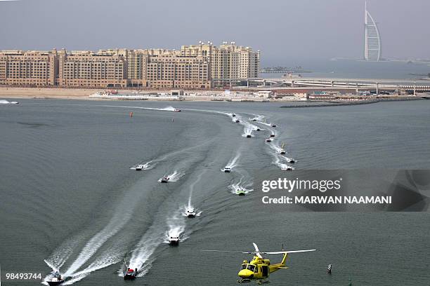 Powerboats prepare for the UIM X-Cat Powerboat Championships in Dubai Marina, April 06, 2010. As many as 20 teams are racing in the 2010 X-Cat Middle...