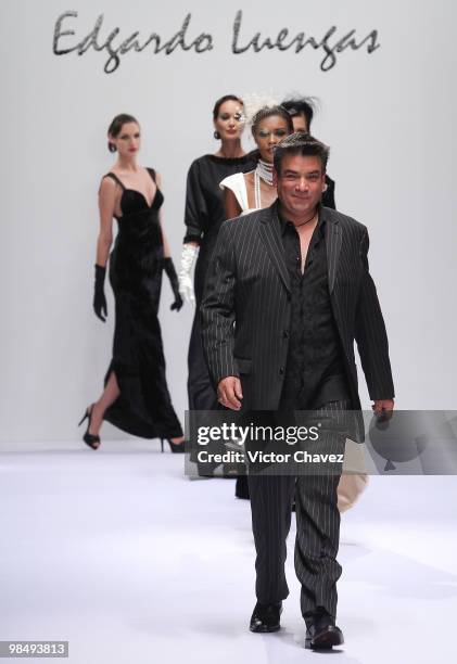 Fashion designer Edgardo Luengas walks the runway during Mercedes-Benz Fashion Mexico Autumn Winter 2010 at Campo Marte on April 14, 2010 in Mexico...