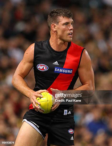 David Hille of the Bombers looks for a pass during the round four AFL match between the West Coast Eagles and the Essendon Bombers at Subiaco Oval on...