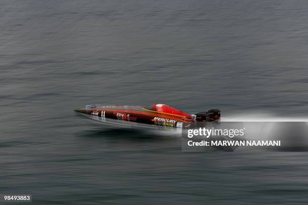 Powerboat "Extreme Marine" driven by Rashed Khalifa al-Marri speeds to victory in the 2010 UIM X-Cat Middle East Powerboat Championship in Dubai...