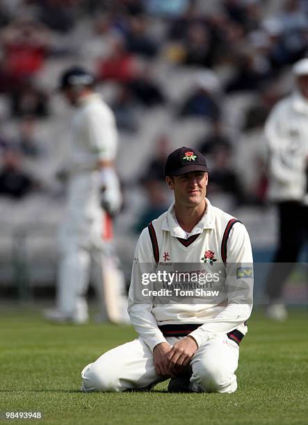 Mark Chilton of Lancashire looks on as a ball goes to the boundary during the LV County Championship match between Lancashire and Warwickshire at Old...