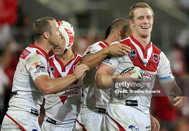 Ben Creagh of the Dragons celebrates after scoring a try during the round six NRL match between the Gold Coast Titans and the St George Illawarra...