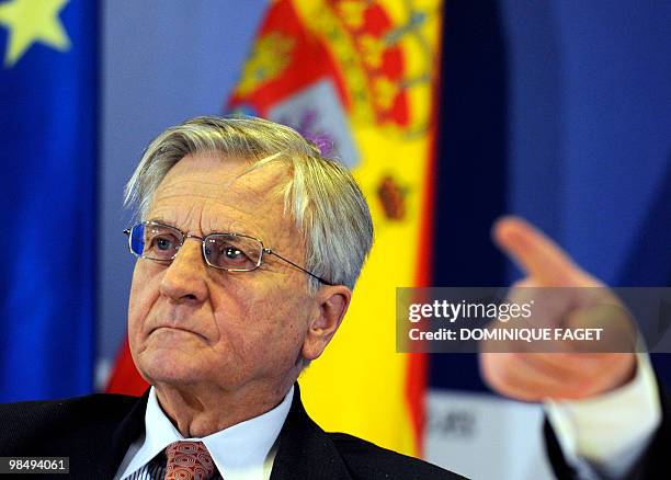 European Central Bank President Jean-Claude Trichet attends a press conference at the end of a Eurogroup meeting at the Congress Palace of Madrid on...