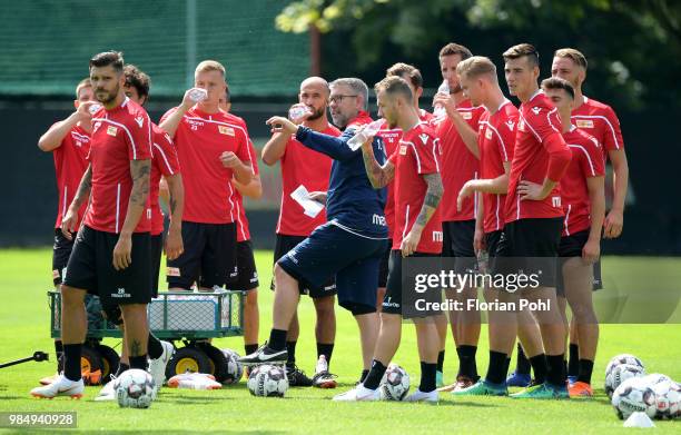 Coach Urs Fischer of 1 FC Union Berlin gives instructions during the first training of season 2018/2019 at Trainingsgelaende of Stadion an der alten...