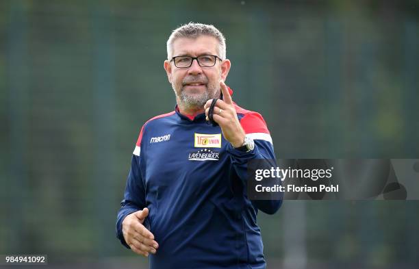 Coach Urs Fischer of 1 FC Union Berlin looks on during the first training of season 2018/2019 at Trainingsgelaende of Stadion an der alten Foersterei...