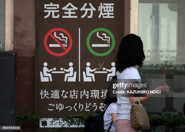 Mother and her daughter walk past a coffee shop displaying a sign saying "Complete separation of smoking areas: Non-smoking and Smoking" in Tokyo on...