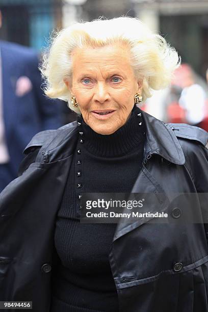 Honor Blackman attends the funeral of Christopher Cazenove held at St Paul's Church in Covent Garden on April 16, 2010 in London, England.