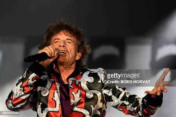 British musician Mick Jagger of The Rolling Stones performs during a concert at The Velodrome Stadium in Marseille on June 26 as part of their 'No...