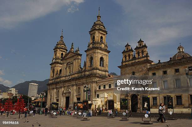 Christmas decoration in front of cathedral in Bolivar square, in the old part of the city. Bogota, formerly called Santa Fe de Bogota, is the capital...