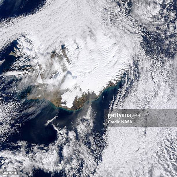 In this handout image provided by NASA, The MODIS instrument on NASA's Terra satellite captured an Ash plume from Eyjafjallajokull Volcano over the...