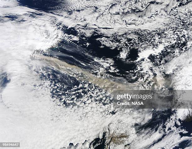 In this handout image provided by NASA, The MODIS instrument on NASA's Terra satellite captured an Ash plume from Eyjafjallajokull Volcano over the...