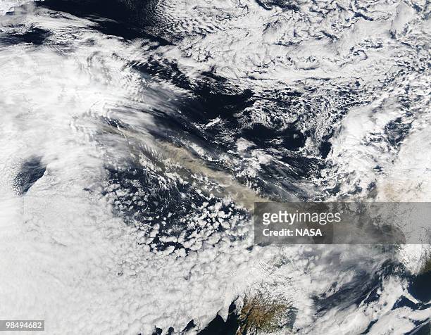 In this handout image provided by NASA, The MODIS instrument on NASA's Terra satellite captured an Ash plume from Eyjafjallajokull Volcano over the...