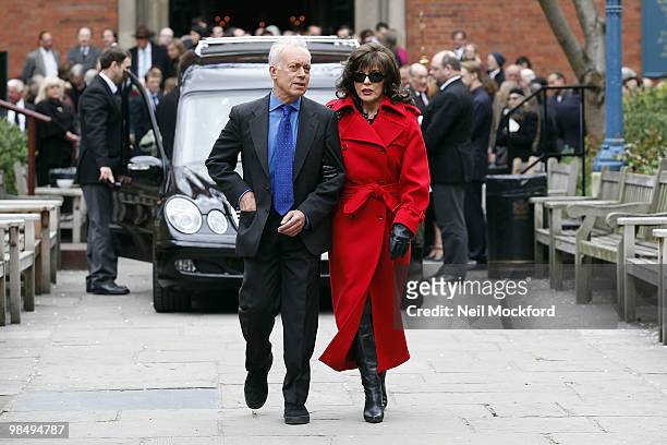 Joan Collins attends the funeral of Christopher Cazenove at St Paul's Church - Actor's Church, Covent Garden on April 16, 2010 in London, England.