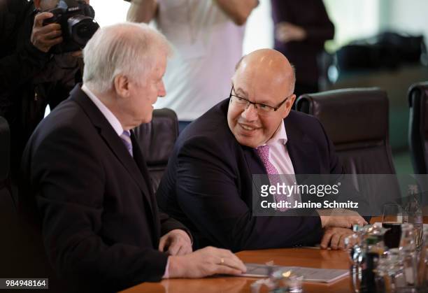 German Interior Minister Horst Seehofer and German Economy Minister Peter Altmaier await the start of the Weekly Government Cabinet Meeting on June...
