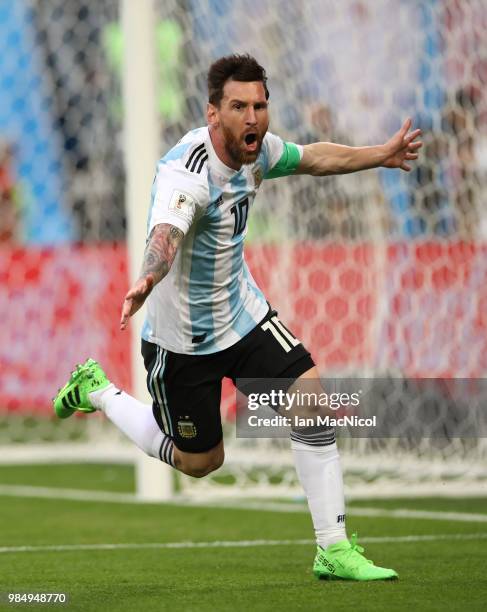 Lionel Messi of Argentina celebrates after he scores the opening goal during the 2018 FIFA World Cup Russia group D match between Nigeria and...