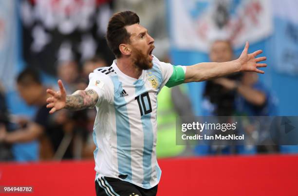 Lionel Messi of Argentina celebrates after scoring his team's opening goal during the 2018 FIFA World Cup Russia group D match between Nigeria and...