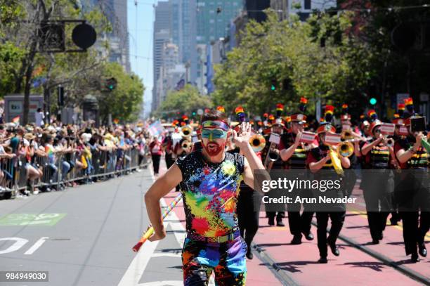 Marching band baton master performs during the 2018 San Francisco Pride Parade on June 24, 2018 in San Francisco, California.