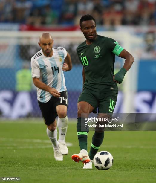 Mikel John Obi of Nigeria controls the ball during the 2018 FIFA World Cup Russia group D match between Nigeria and Argentina at Saint Petersburg...