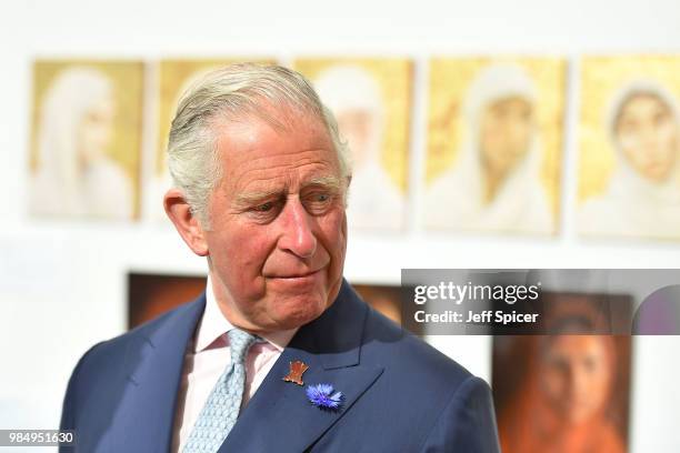 Prince Charles, Prince of Wales attends The Prince's Foundation School of Traditional Arts degree show in Shoreditch on June 27, 2018 in London,...