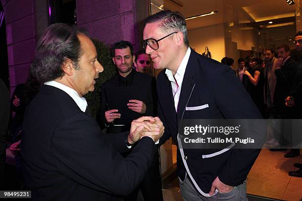 Andrea della Valle and Giles Deacon attend the Fay "Double Life" launch as part of the 2010 Milan International Furniture Fair, on April 15, 2010 in...