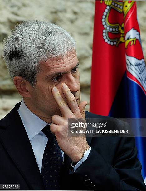 Serbian President Boris Tadic of Serbia wipes his eye during a joint press conference with his counterparts Laszlo Solyom of Hungary and Ivo...
