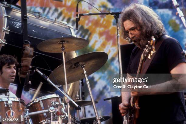 Mickey Hart and Jerry Garcia performing with the Grateful Dead at the Greek Theater in Berkeley, California on May 22, 1982.