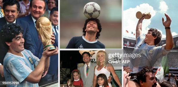 Combo of Argentine football legend Diego Maradona at the peak of his career, displaying the World Soccer Cup won in Mexico 86 , during a training...