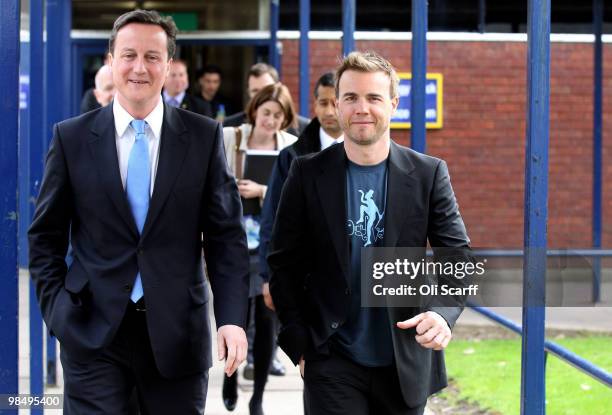 David Cameron , the leader of the Conservative party, and singer Gary Barlow leave Brine Leas High School on April 16, 2010 in Nantwich, England. The...