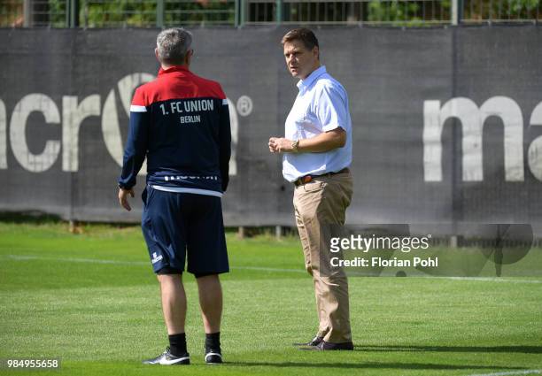 Coach Urs Fischer and CEO Oliver Ruhnert of 1 FC Union Berlin during the first training of season 2018/2019 at Trainingsgelaende of Stadion an der...