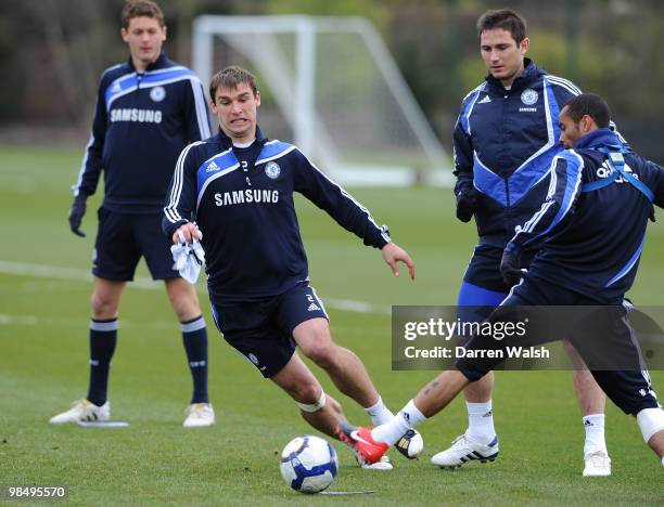 Branislav Ivanovic of Chelsea during a training session at the Cobham Training Ground on April 16, 2010 in Cobham, England.
