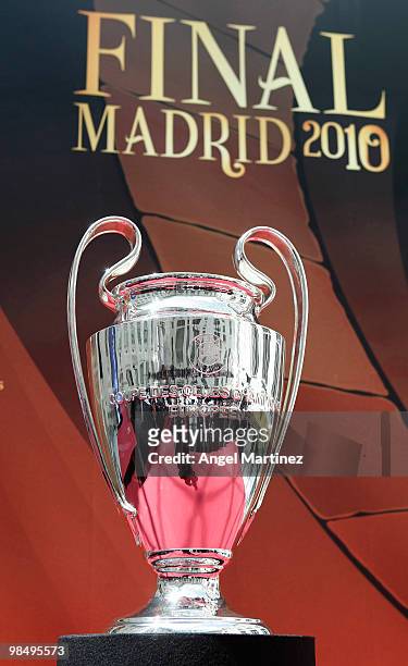 The UEFA Champions League Cup during the UEFA Champions League trophy handover ceremony at Palacio de Cibeles on April 16, 2010 in Madrid, Spain.
