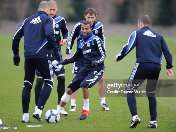 Ashley Cole of Chelsea during a training session at the Cobham Training Ground on April 16, 2010 in Cobham, England.