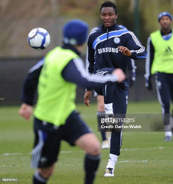 John Mikel Obi of Chelsea during a training session at the Cobham Training Ground on April 16, 2010 in Cobham, England.