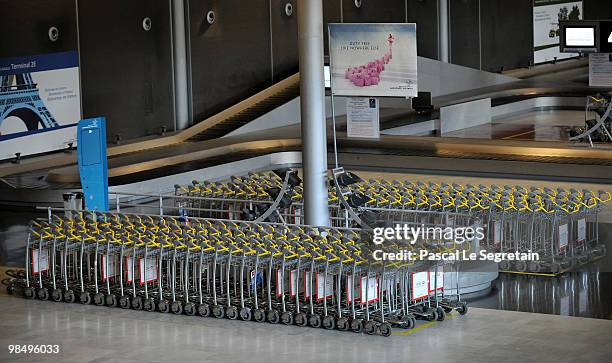 Trolleys are seen in an empty terminal at the Charles-de-Gaulle at Airport Roissy Charles de Gaulle on April 16, 2010 in Paris, France....