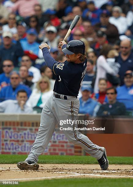 Gregg Zaun of the Milwaukee Brewers hits the ball against the Chicago Cubs on Opening Day at Wrigley Field on April 12, 2010 in Chicago, Illinois....