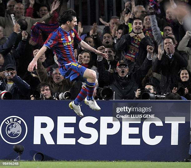 Barcelona's Argentinian forward Lionel Messi celebrates after scoring the third goal during the UEFA Champions League football match between...