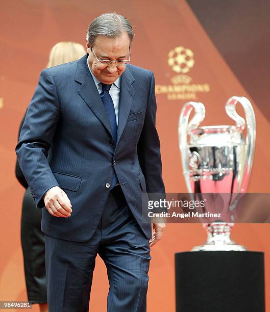 Florentino Perez, president of Real Madrid during the UEFA Champions League trophy handover ceremony at Palacio de Cibeles on April 16, 2010 in...