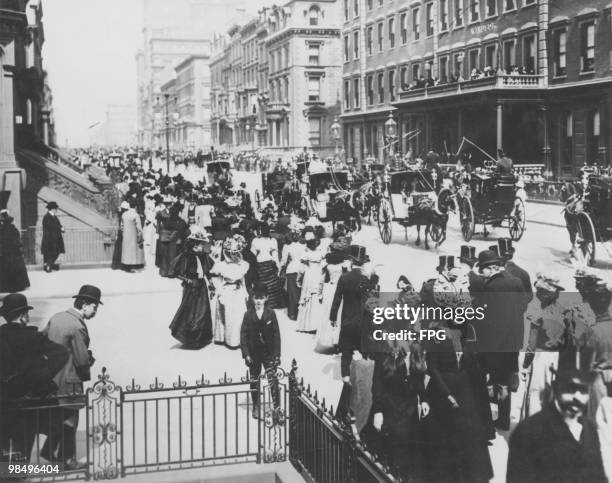 An Easter parade passes down 5th Avenue, New York City, 1898. The Windsor Hotel was destroyed by fire the following year.