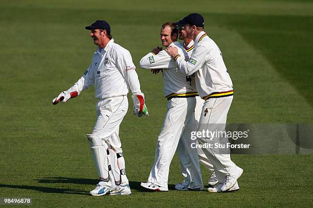 Durham fielder Dale Benkenstein celebrates with team mates after taking a catch to dismiss the Essex batsman Graham Napier during the 2nd day of the...