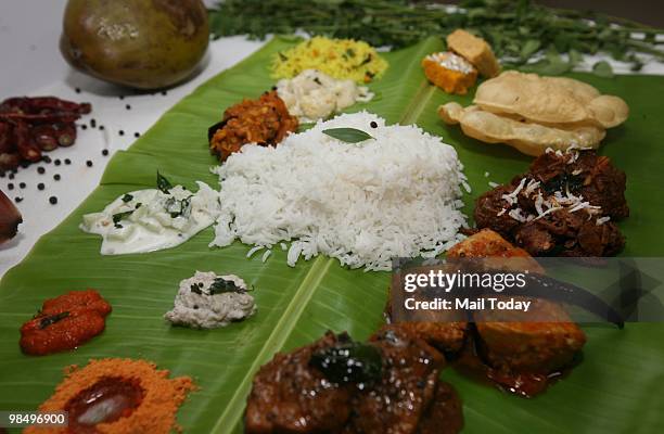 Traditional South Indian meal is diplayed at the South India food festival at the Grand Hyatt in New Delhi on April 14, 2010.