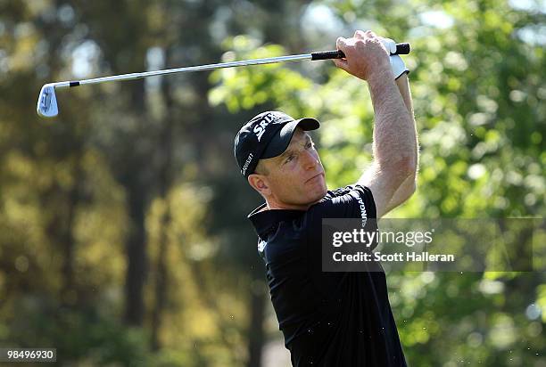 Jim Furyk hits his tee shot on the 17th hole during the second round of the Verizon Heritage at the Harbour Town Golf Links on April 16, 2010 in...