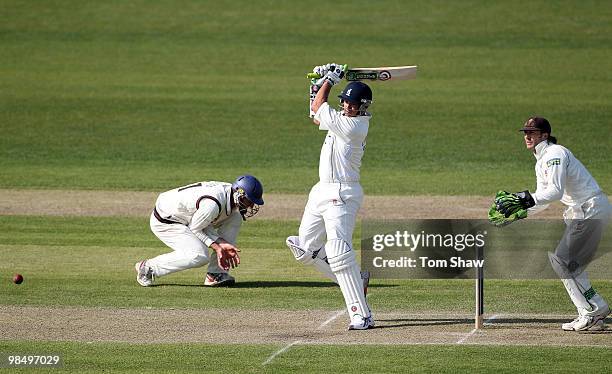 Neil Carter of Warwickshire is bowled out during the LV County Championship match between Lancashire and Warwickshire at Old Trafford on April 16,...