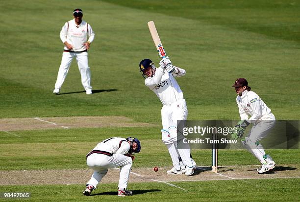 Rikki Clarke of Warwickshire hits out during the LV County Championship match between Lancashire and Warwickshire at Old Trafford on April 16, 2010...