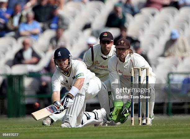 Ian Bell of Warwickshire hits out during the LV County Championship match between Lancashire and Warwickshire at Old Trafford on April 16, 2010 in...