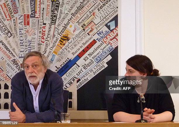 Founder of Italian medical charity Emergency, Gino Strada and President of the charity, Strada's daughter Cecilia, answer questions during a press...