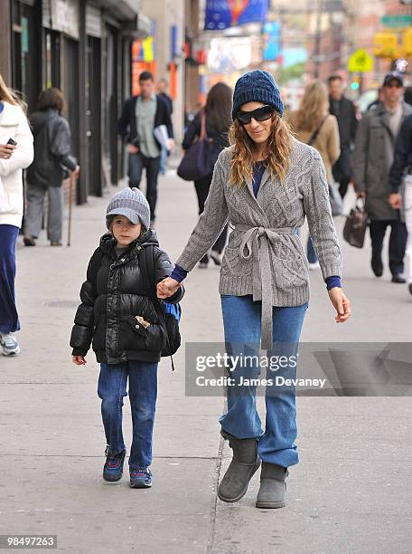 Sarah Jessica Parker and her son James Wilkie Broderick are seen on the streets of Manhattan on April 16, 2010 in New York City.